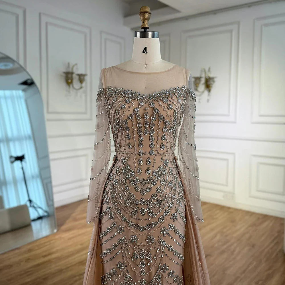 Luxury Off Shoulder Beaded Evening Dress with Long Sleeves and Train LA72930