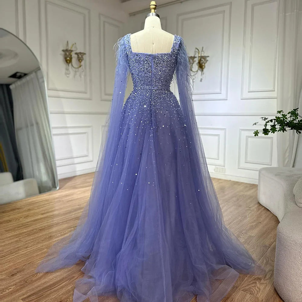 Luxury Blue A-Line Feathers Beaded Evening Dress with Cape Sleeves LA71782A