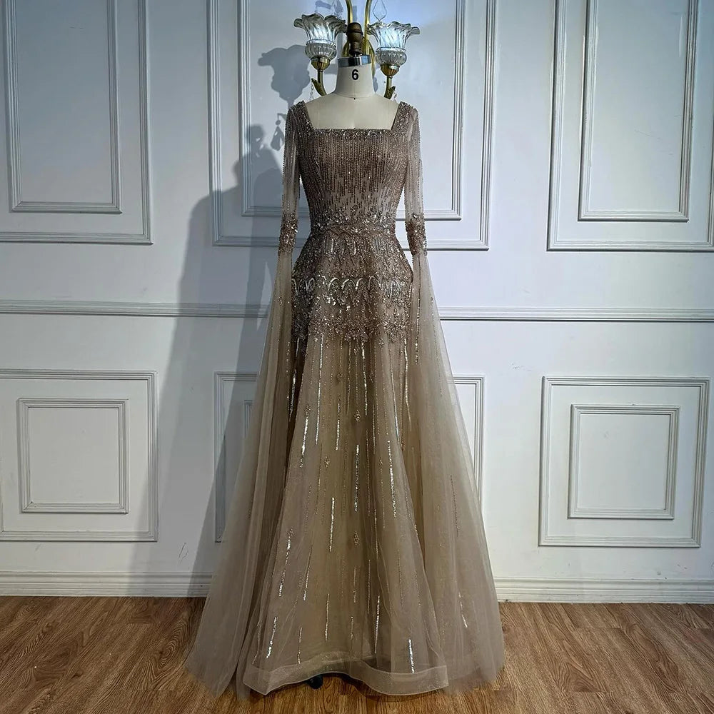 Luxury Green A-LineBeaded Evening Dress with Cape Sleeves LA73089