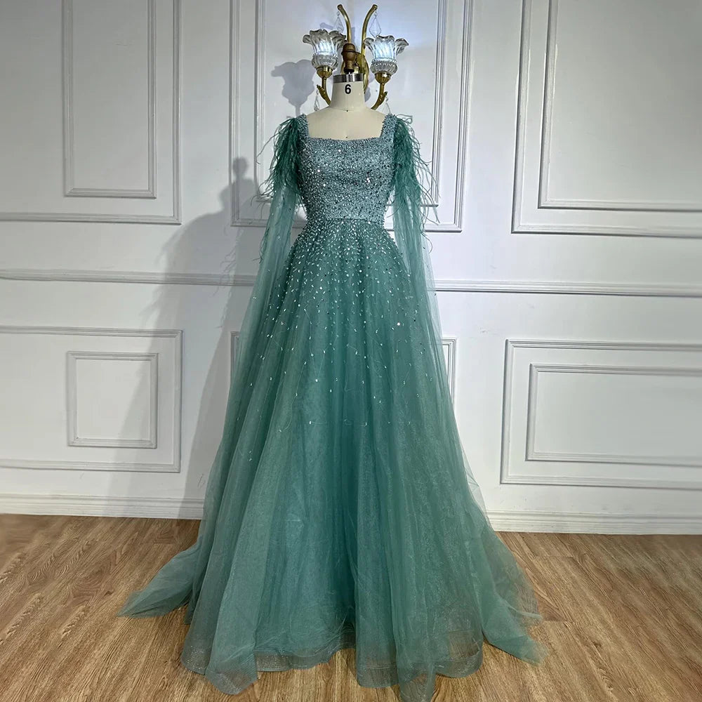 Luxury Blue A-Line Feathers Beaded Evening Dress with Cape Sleeves LA71782A
