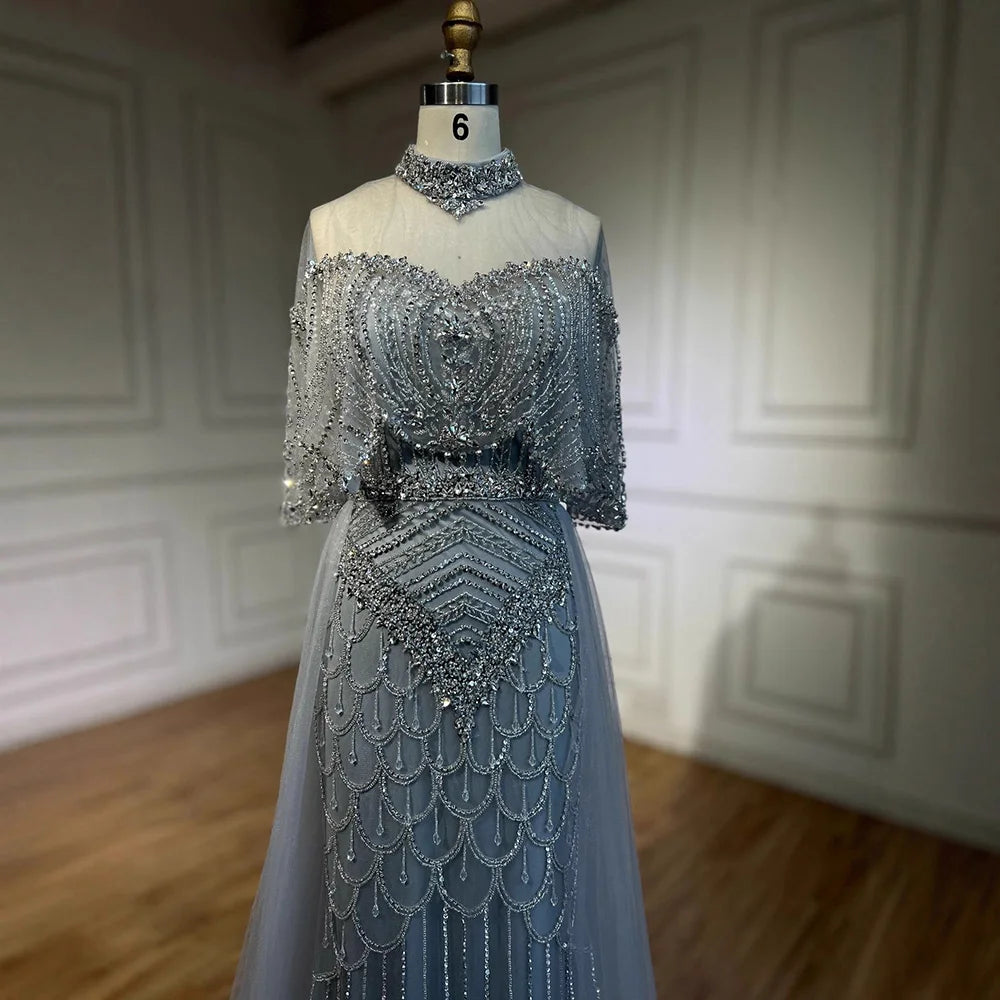 Luxury Gray Beaded Evening Dress with Overskirt LA73129