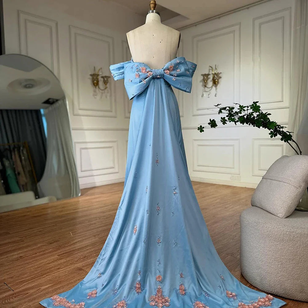 Luxury Dubai Arabic Blue Beaded A-Line Saudi Evening Gown for Formal Occasion LA72792