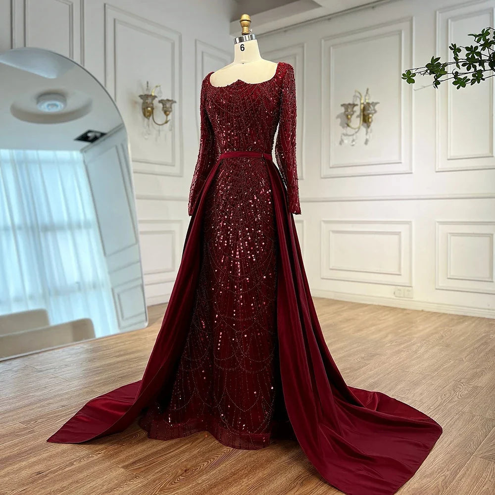 Luxury Wine Red Mermaid Evening Dress with Overskirt Plus Size LA72352A