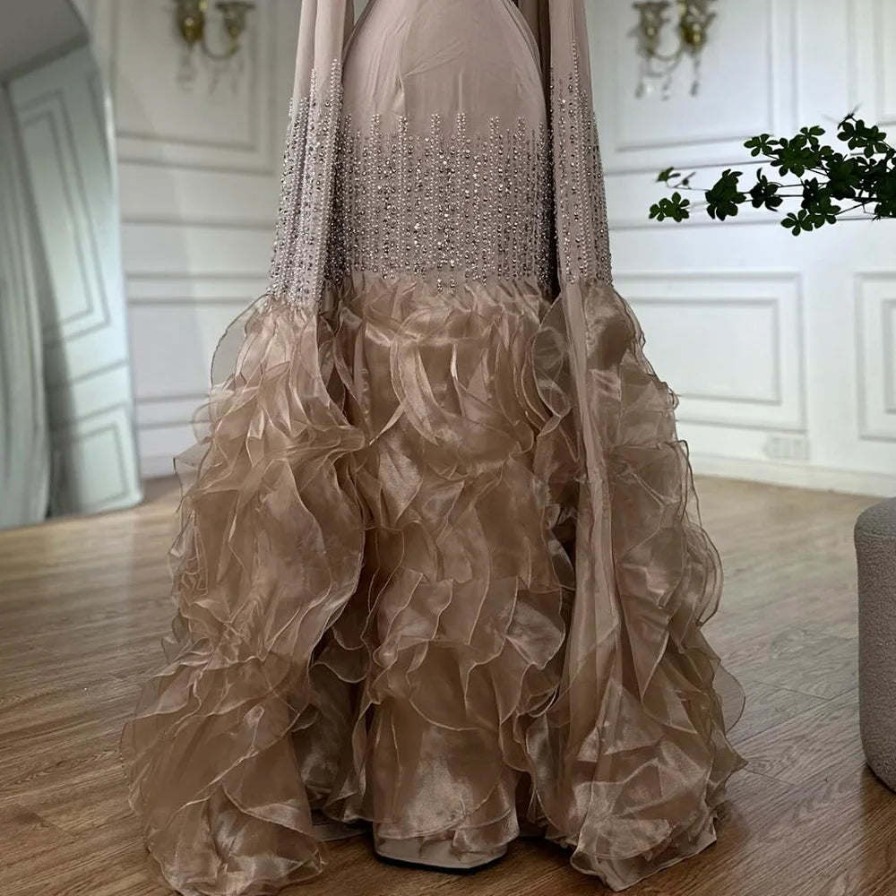 Elegant Nude Beaded Evening Dress with Cape Sleeves LA72317C