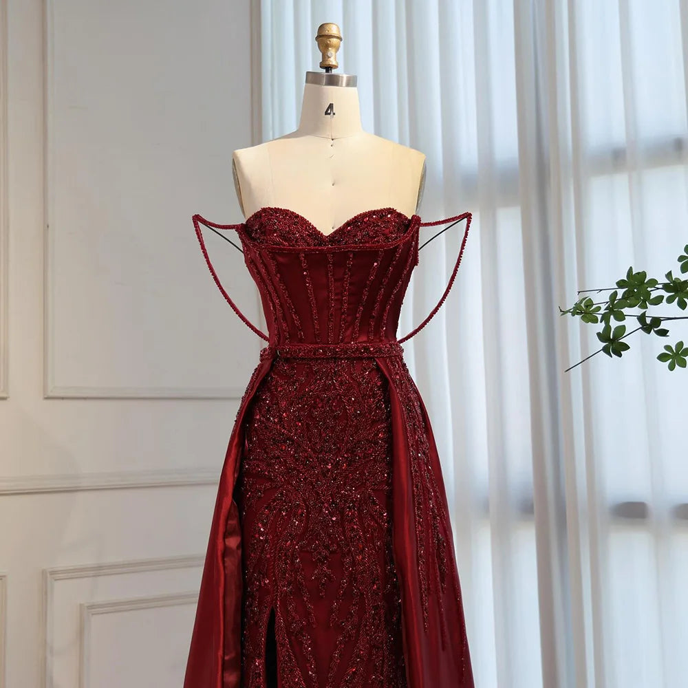 Luxury Red Beaded High Slit Evening Gown with Overskirt LA72936