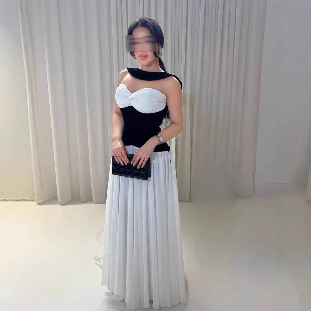 Chic Black and White Strapless A-Line Prom Dress LA73048