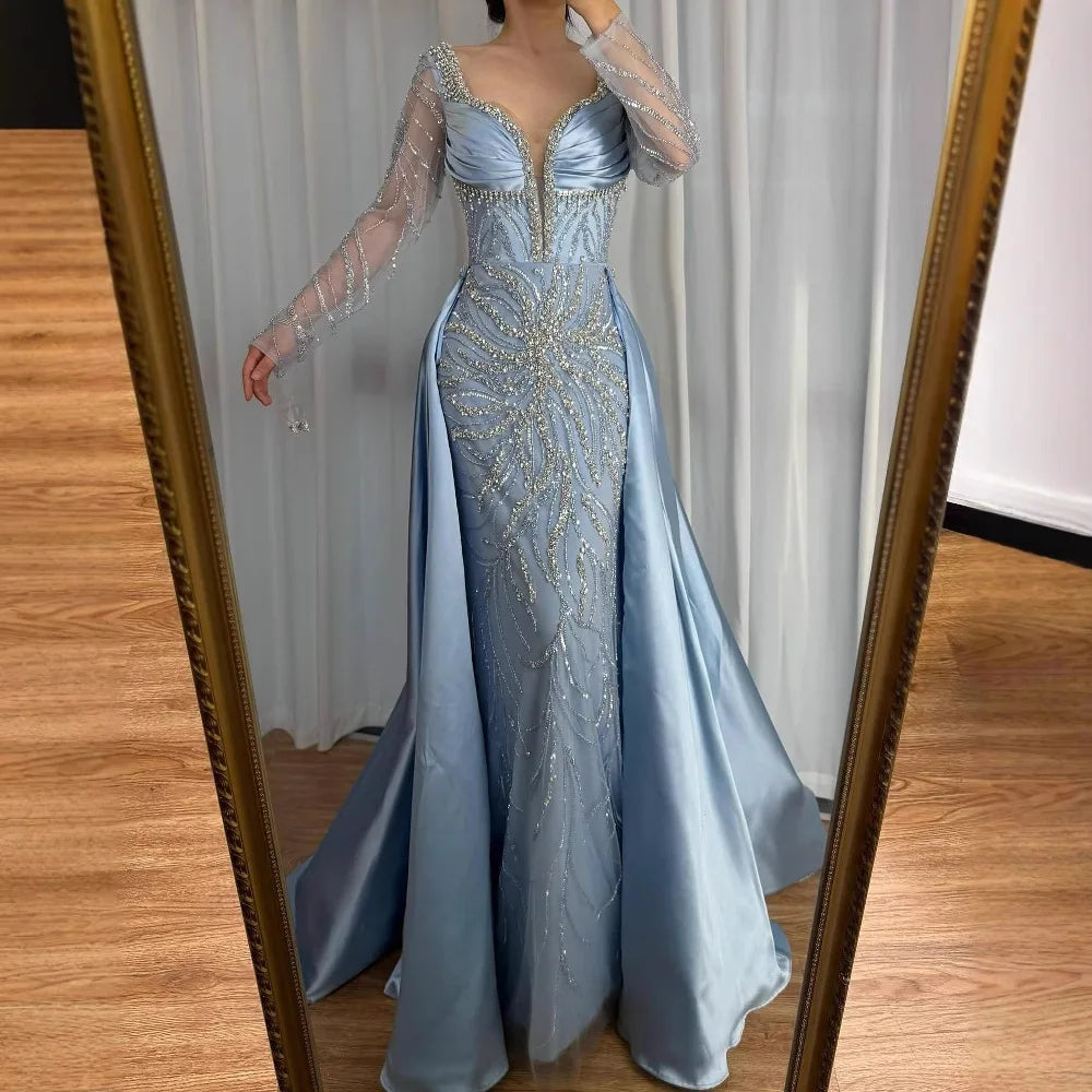 Luxury Muslin Blue hijab Evening Dress With Long Sleeves LA72963
