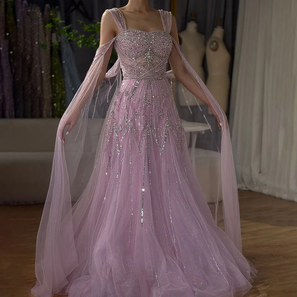 Luxury Dubai pink Beaded Spaghetti Strap Design A-Line Evening Dresses Gowns with Cape Sleeves for Formal Occasion LA72726