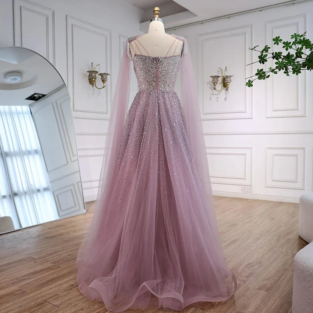Luxury Pink Tulle Beaded A-Line Evening Dress with Cape Sleeves LA73072