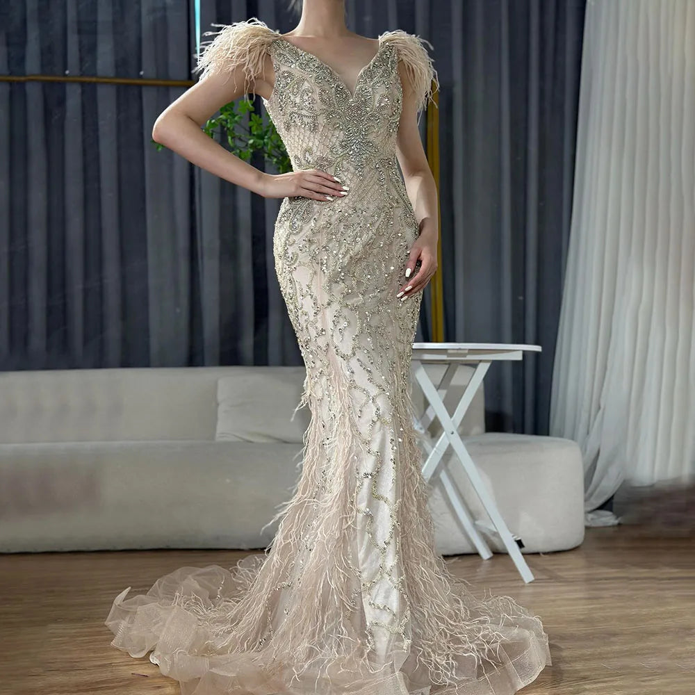 Serene Hill Champagne Mermaid Elegant Evening Dresses Diamond Feathers Sleeveless Formal Luxury Beaded LA70350
