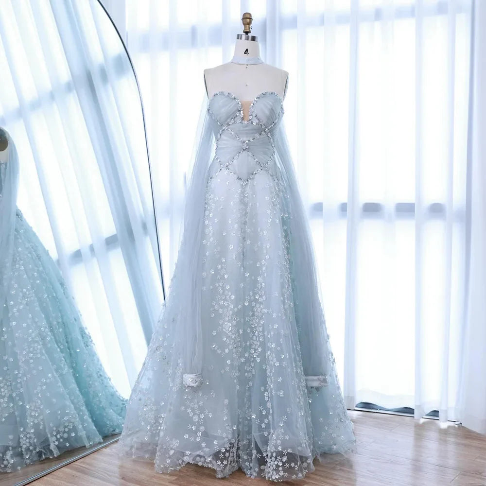 Luxury Dubai Arabic Light Blue Dreamy A-Line Evening Dress LA73099