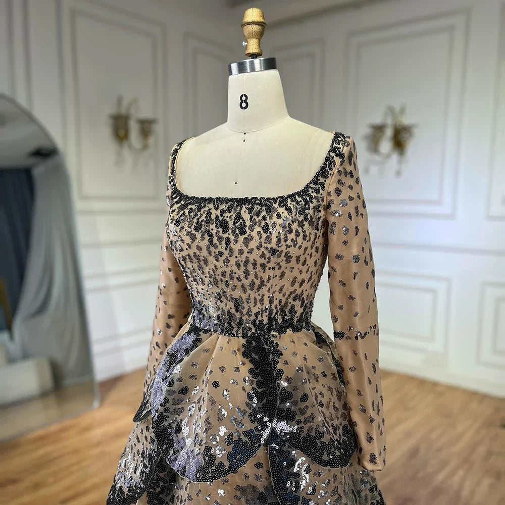 Luxury Black Nude Sequin Evening Dress with Long Sleeves LA72505B