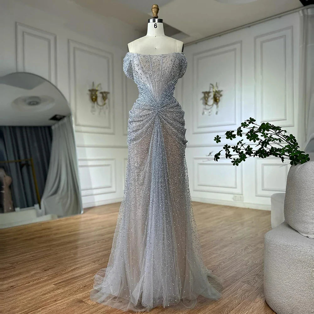 Luxury Designer Beaded Silver Nude Mermaid Evening Dress LA72905
