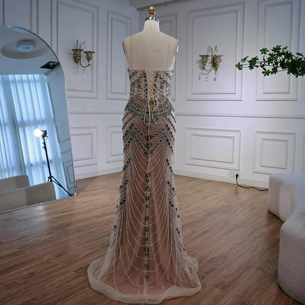 Luxury Green Beaded Saudi Arabic Evening Gown for Formal Occasion LA72842