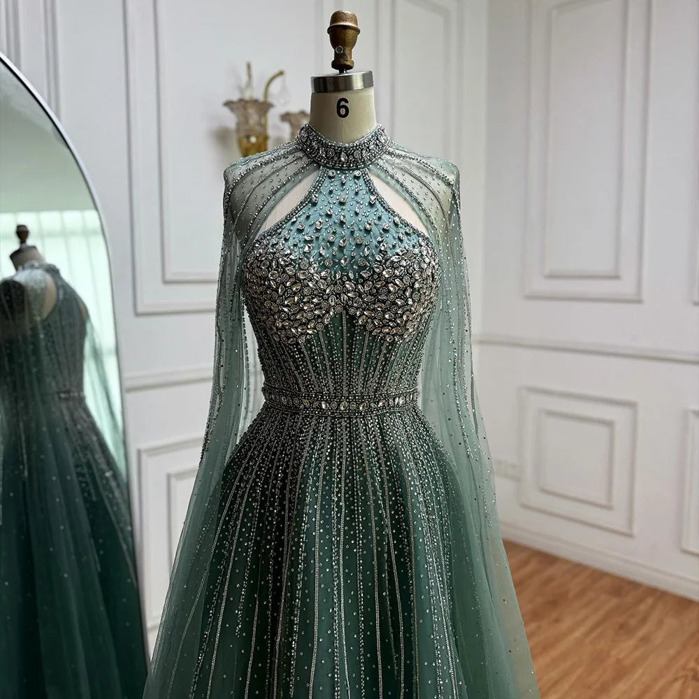 Luxury Beaded A-Line Evening Dress with Cape Sleeves LA73054