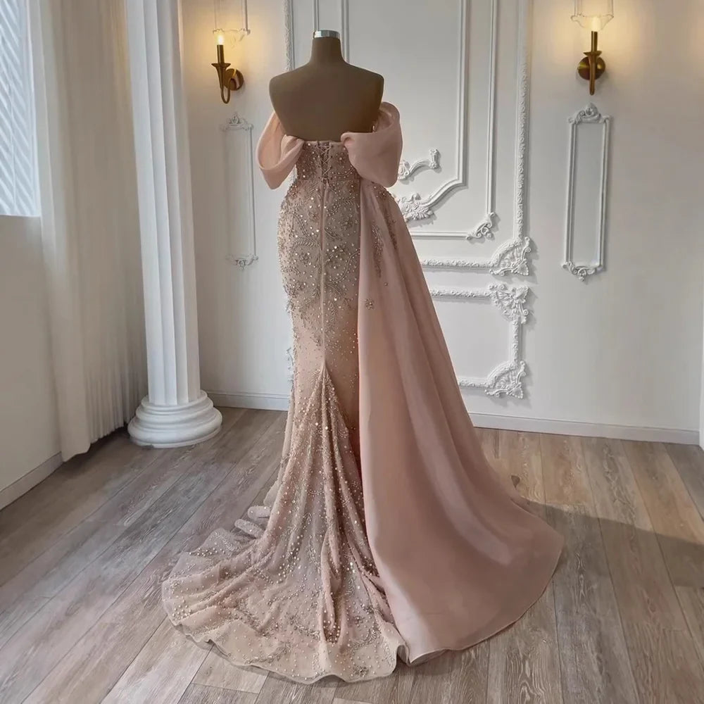Luxury Nude Off Shoulder Pearl Beaded Mermaid Evening Dress with Overskirt LA73109