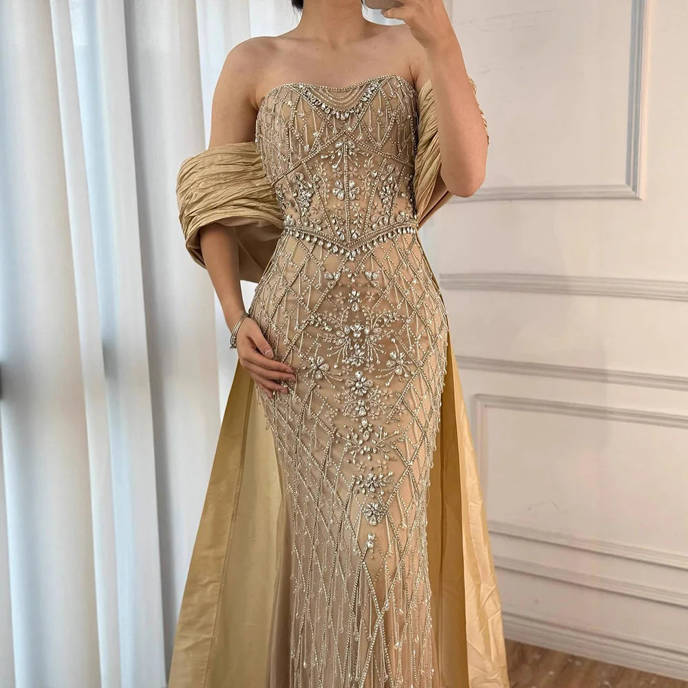 Luxury Dubai Nude Beaded Mermaid Evening Gown Off Shoulder Shawl Crystal Detailing for Formal Occasion LA72819