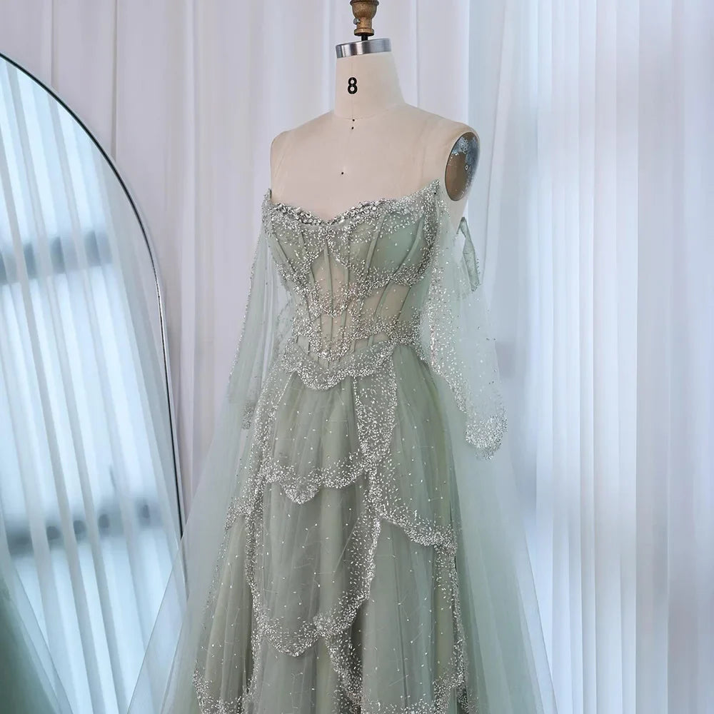 Luxury Arabic Sage Green Beaded A-Line Evening Dress with Cape LA72605A