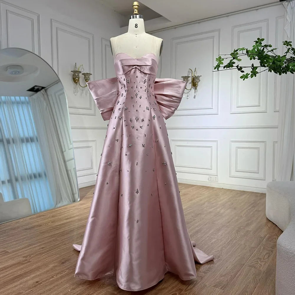 Pink Satin Strapless Mermaid Evening Gown with Big Bow LA72414B