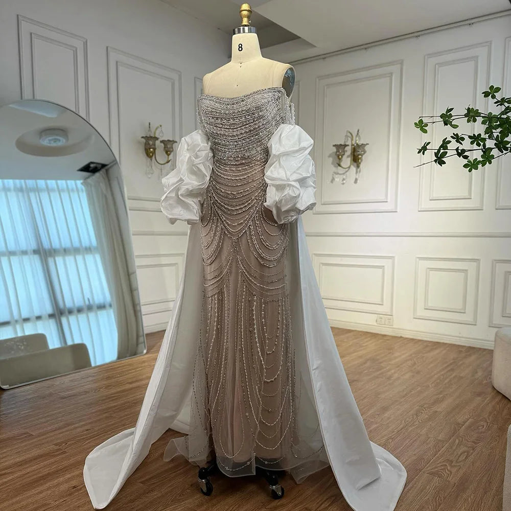 White Nude Beaded Mermaid Evening Dress with Satin Cape LA72253B