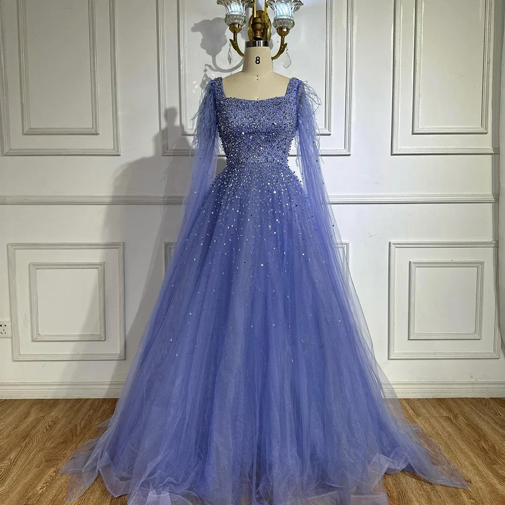Luxury Blue A-Line Feathers Beaded Evening Dress with Cape Sleeves LA71782A