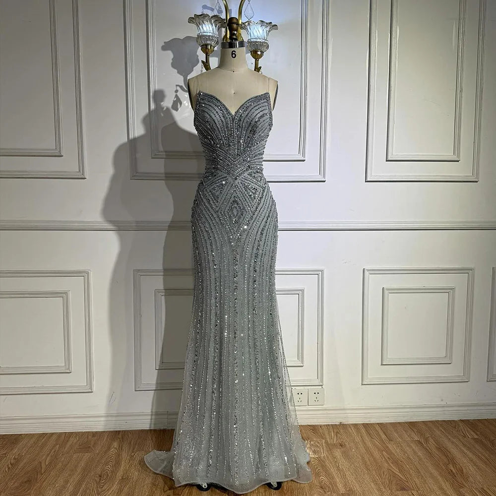 Luxury Nude V Neck Beaded Mermaid Evening Dress Sleeveless LA72981