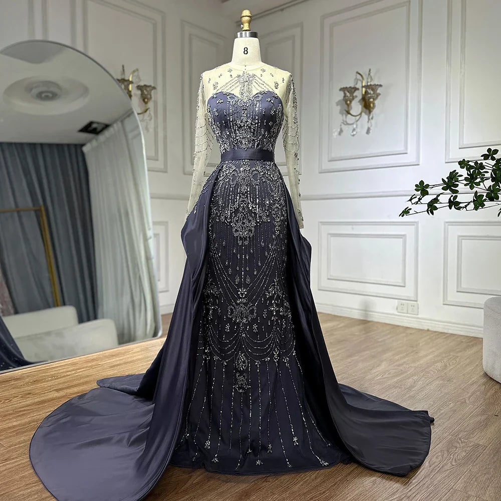 Luxury Dubai Blue Crystal Beaded Evening Dress with Overskirt LA72757