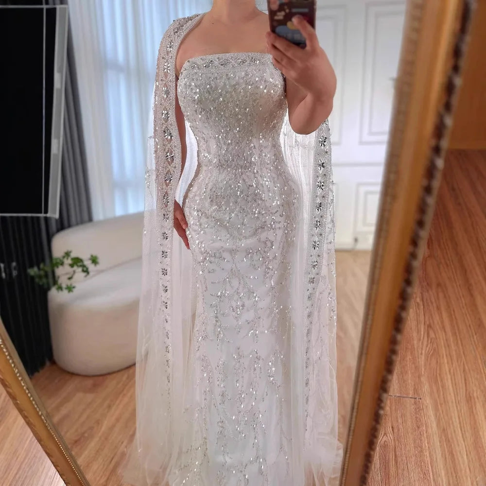 Luxury White Dubai Arabia Beading Evening Dress With Cape LA72870