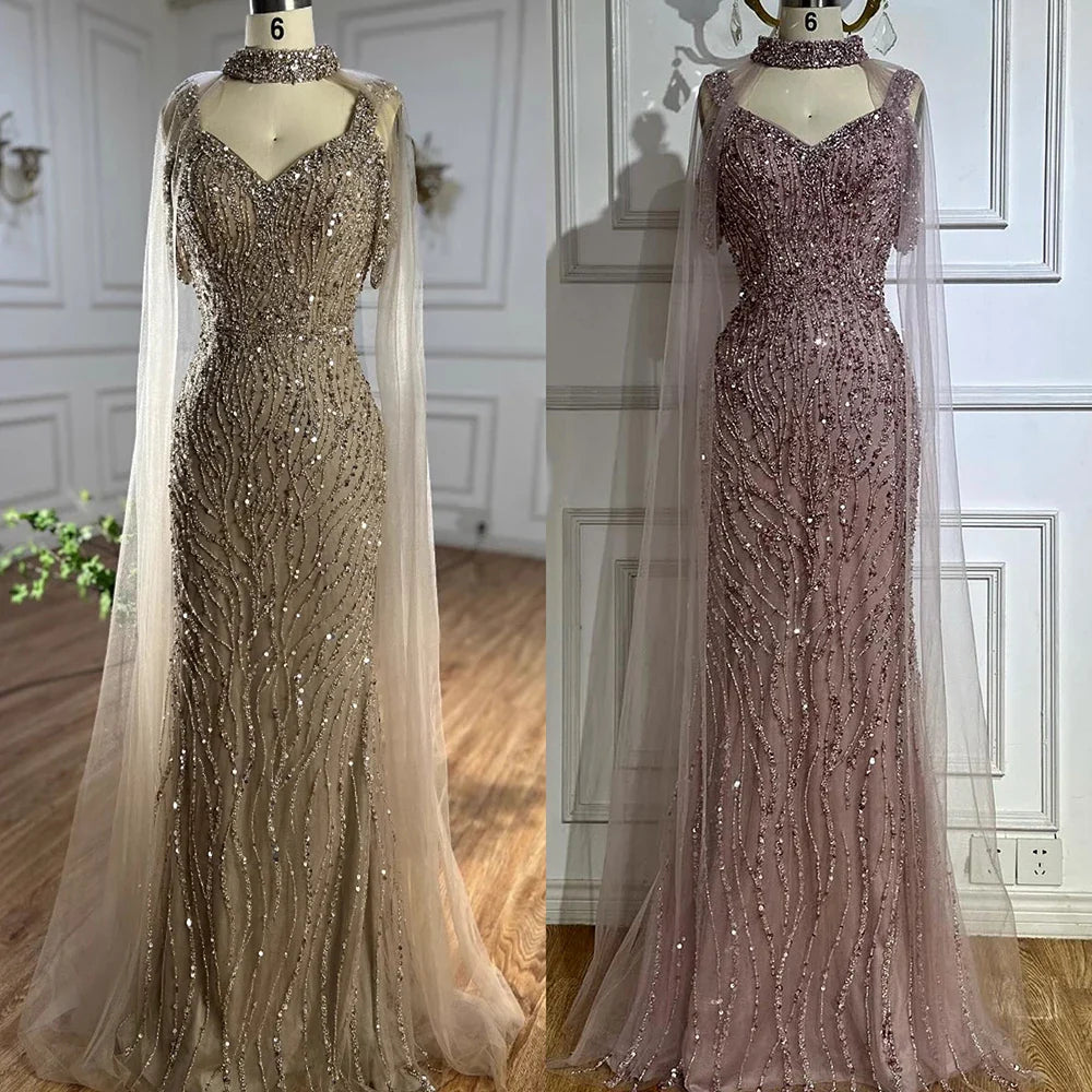 Luxury Caramel Beaded Mermaid Evening Gown with Cape Sleeves LA72921