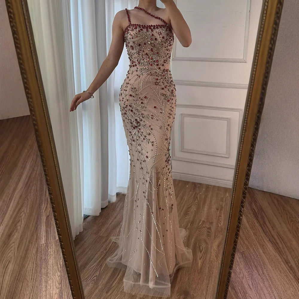 Luxury Red Saudi Arabic Crystal Beaded One Shoulder Evening Dress LA73135
