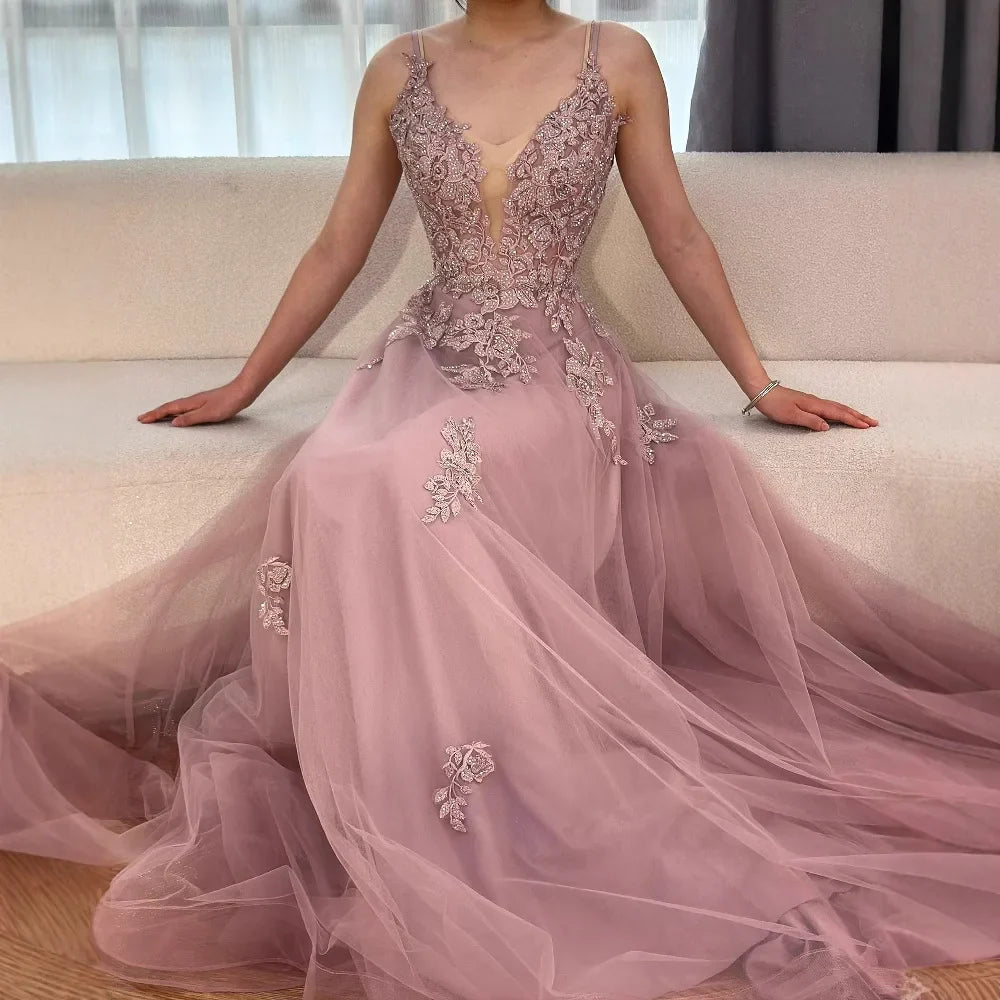 Luxury Sage Green Lace A-Line Prom Dress with Spaghetti Straps LA73005