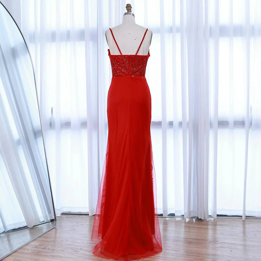 Luxury Red Beaded High Slit Evening Gown with Overskirt LA72936