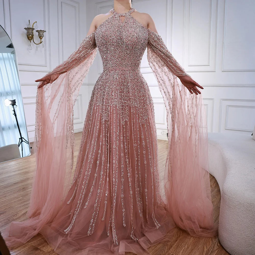 Luxury Turquoise Beaded A Line Evening Dress with Cape Sleeves LA72820