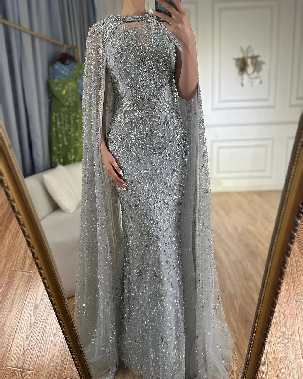 Luxury Gray Arabic Mermaid Evening Dress with Cape LA72180