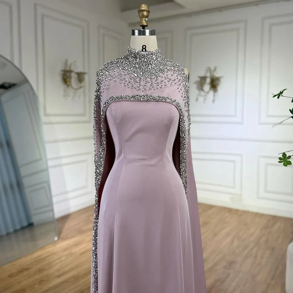 Elegant High Neck Evening Dress with Crystals and Long Cape LA73068