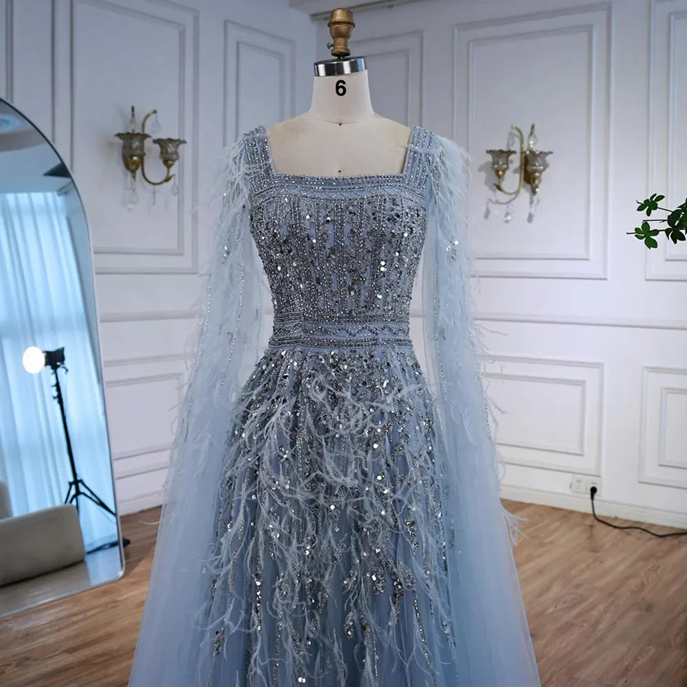 Elegant Blue Beaded Feather A-Line Evening Dress With Cape LA73043