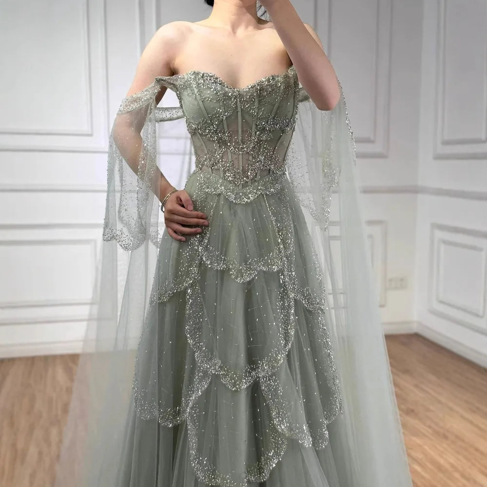 Luxury Arabic Sage Green Beaded A-Line Evening Dress with Cape LA72605A