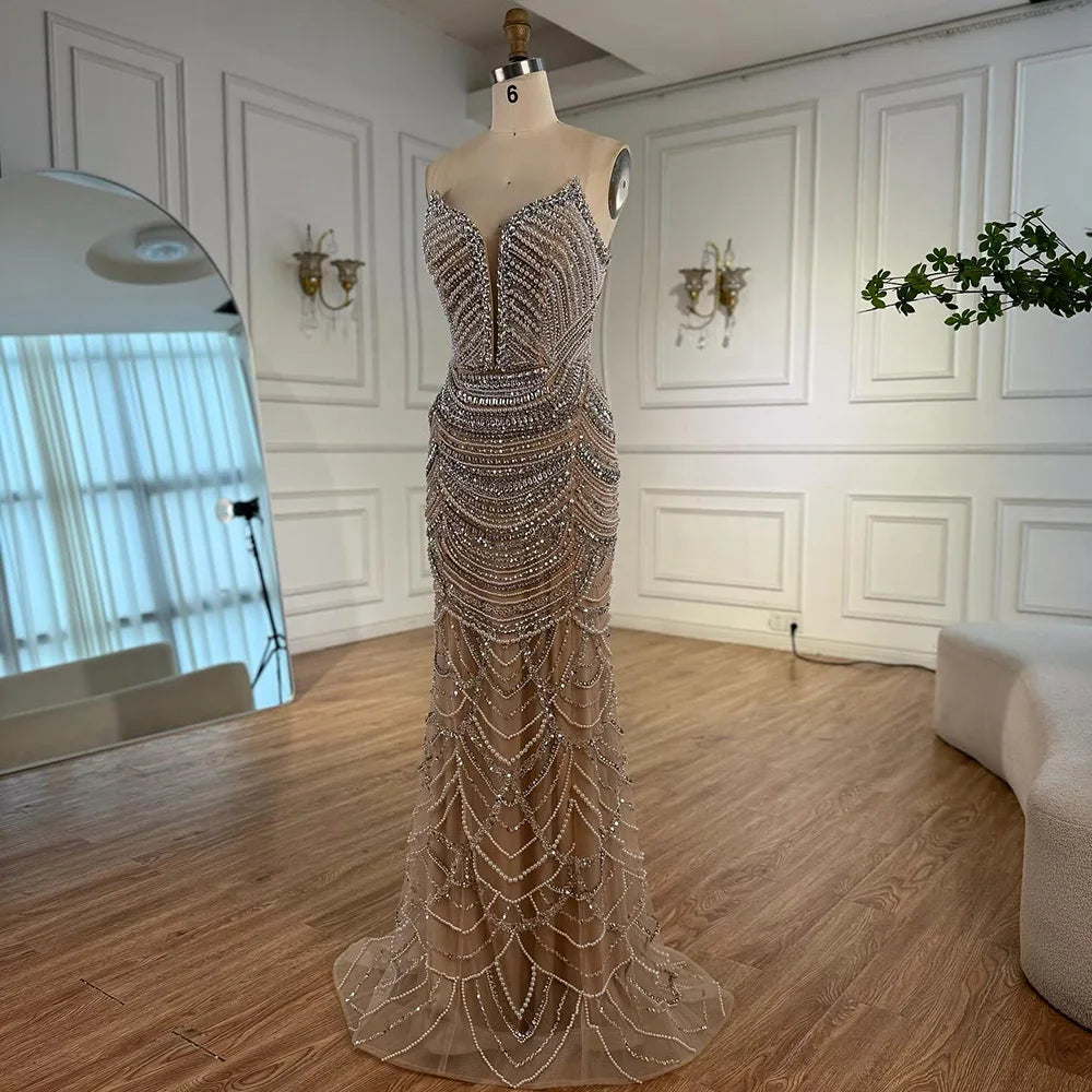 Luxury Nude Silver Beaded Evening Gown with Crystals LA72900