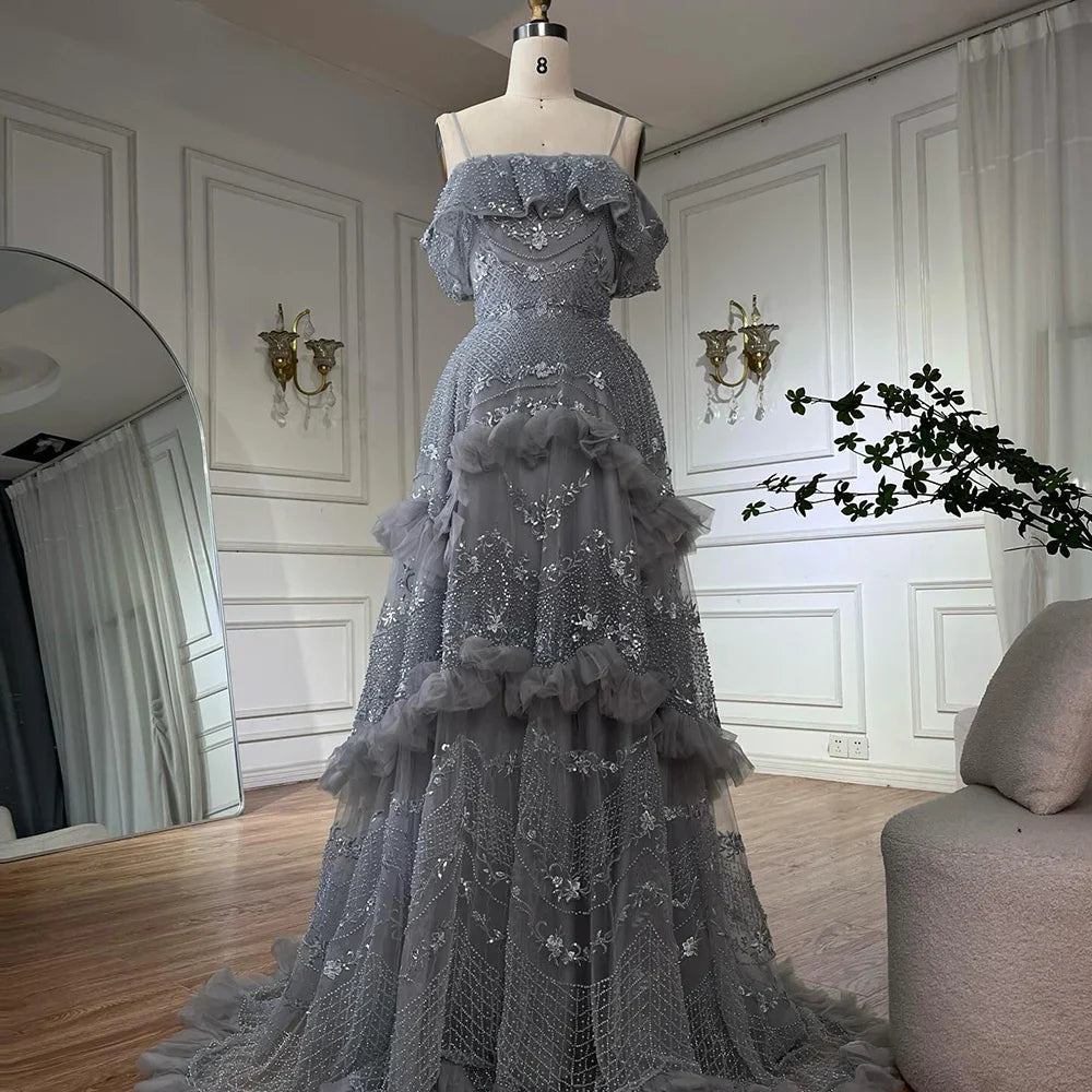 Luxury Dubai Arabic Gray A-Line Off-The-Shoulder Beaded Luxury Saudi Evening Gown for Formal Occasion LA72762