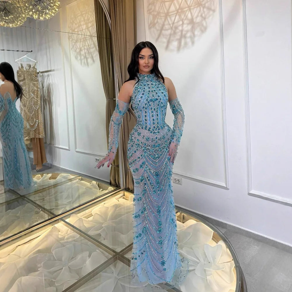 Luxury Dubai Arabic Blue Beaded Evening Dress with Gloves LA72760A