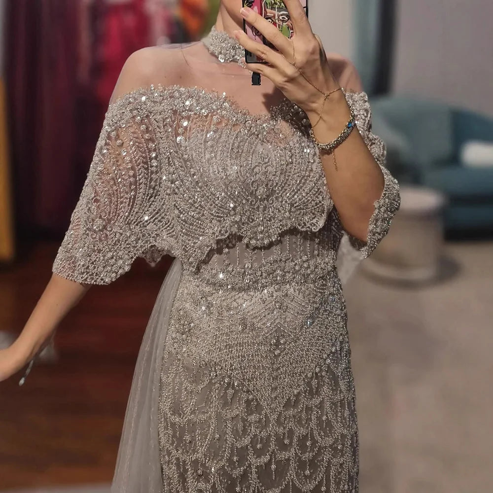 Luxury Gray Beaded Evening Dress with Overskirt LA73129