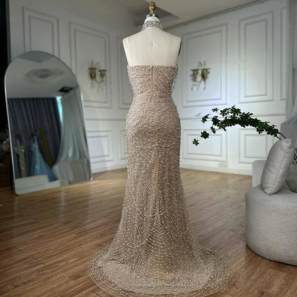 Luxury White Nude Beaded Mermaid Evening Dress LA72802