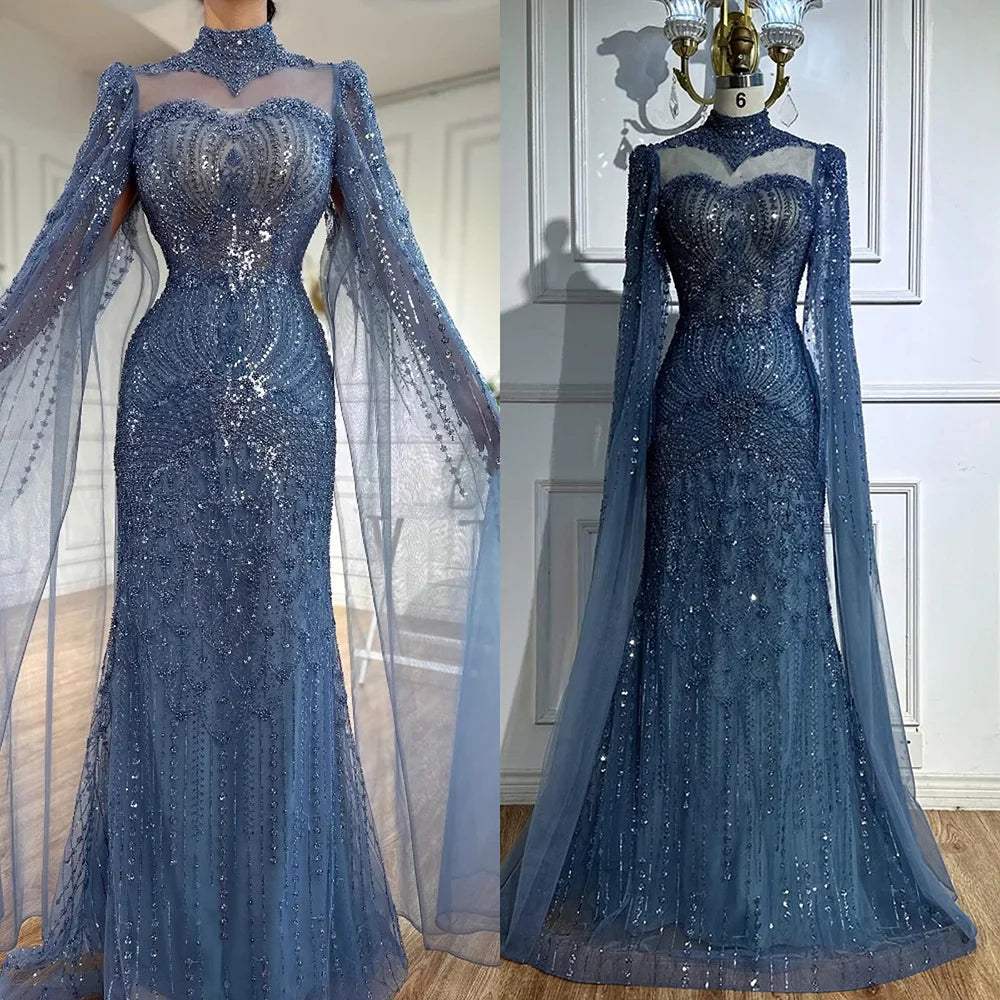 Modest Blue Mermaid Evening Dress with Cape LA73006