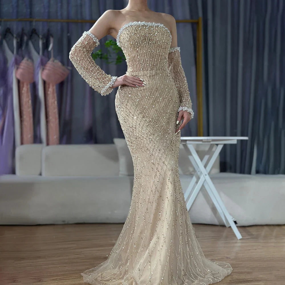 Dubai Elegant White Nude Beaded Evening Dress with Gloves LA72649