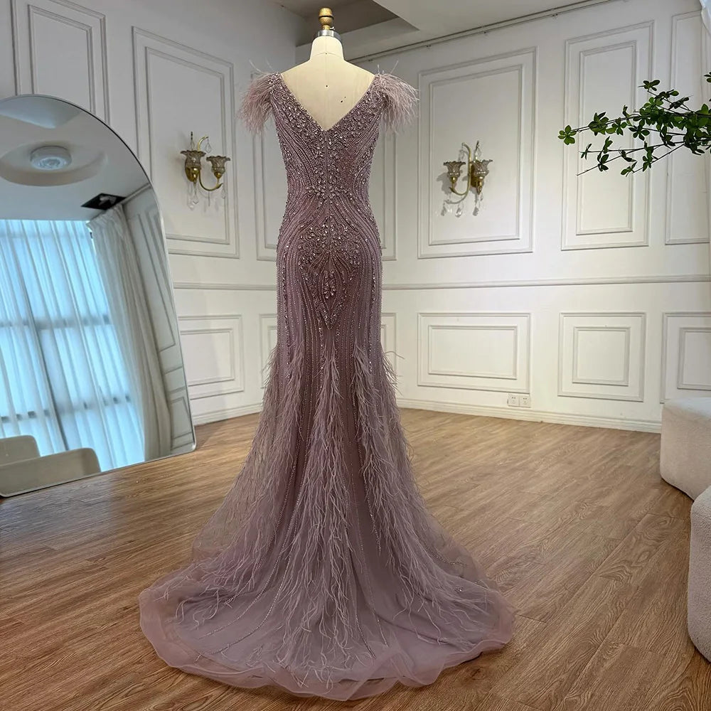 Luxury Designer Pink Feather Beaded Mermaid Evening Dress LA73098