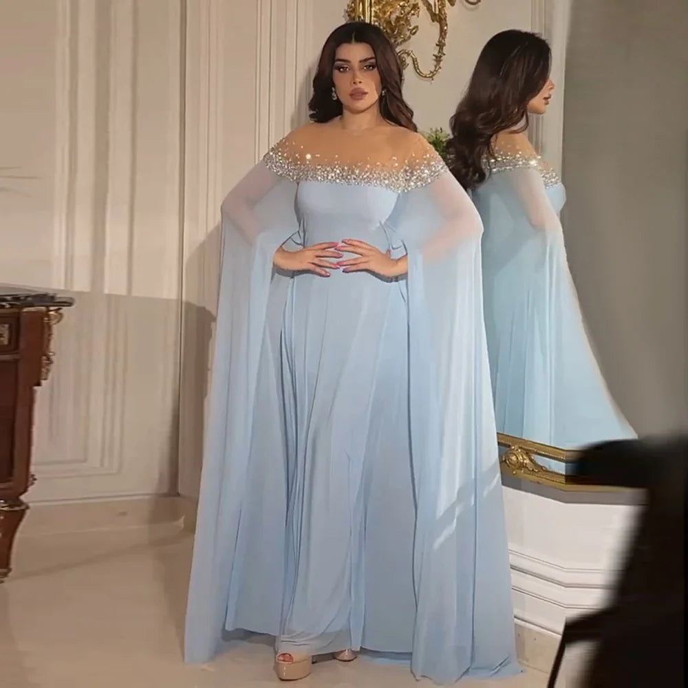 Luxury Dubai Arabic Luxury Crystal Dubai A-Line Baby Blue Evening Dress with Elegant Kaftan for Formal Occasion LA72766