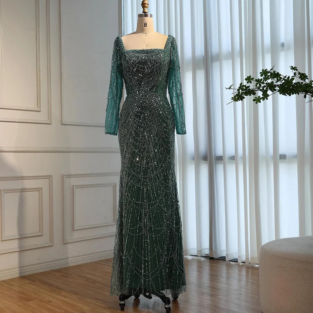 Blue Square Evening Dress With Long Sleeve Plus Size LA72032N
