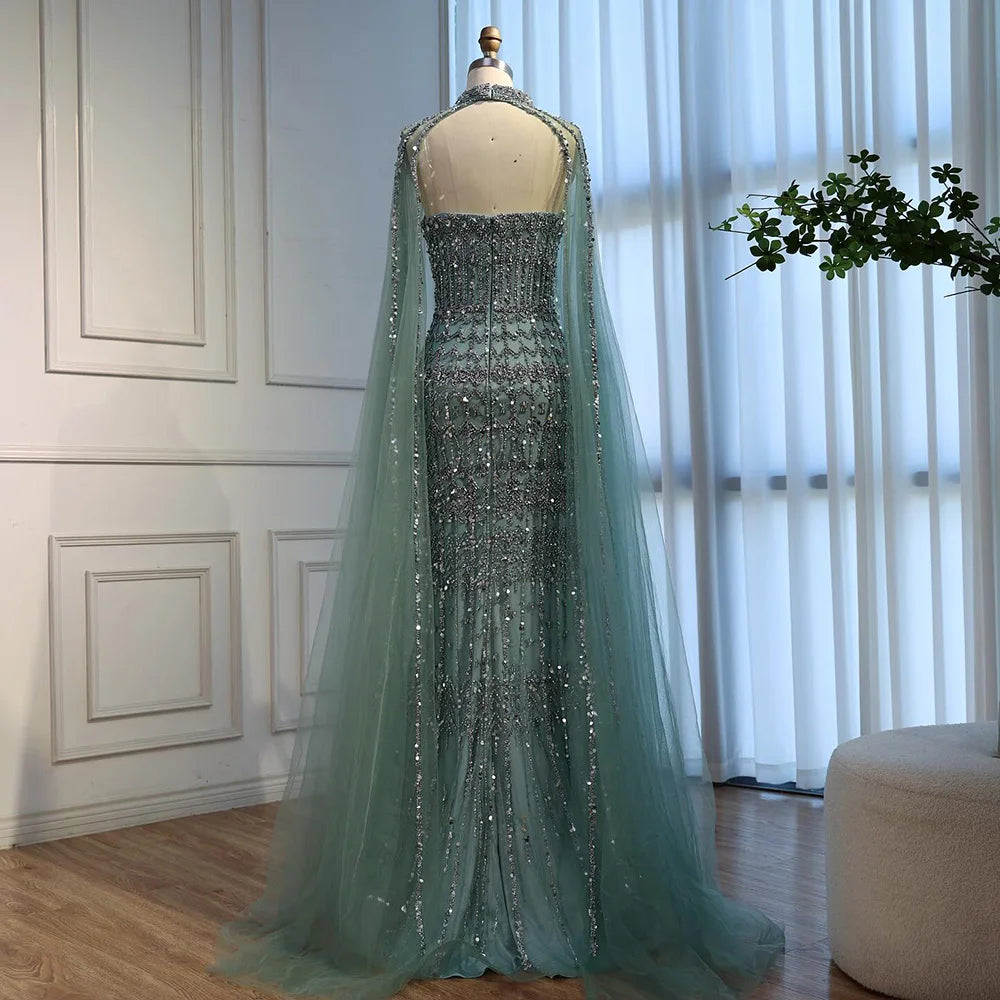 Luxury Turquoise Beaded Evening Dress with Detachable Cape LA72714B
