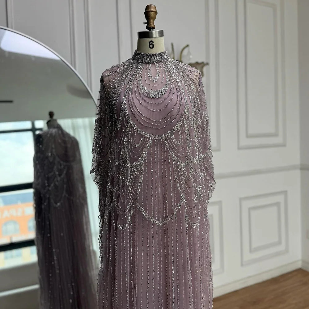 Luxury Silver Nude Beaded Mermaid Evening Dress with Cape LA72484A
