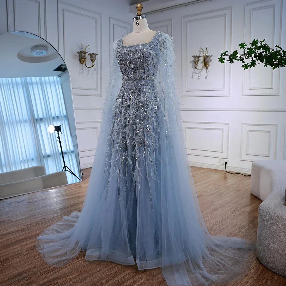 Elegant Blue Beaded Feather A-Line Evening Dress With Cape LA73043